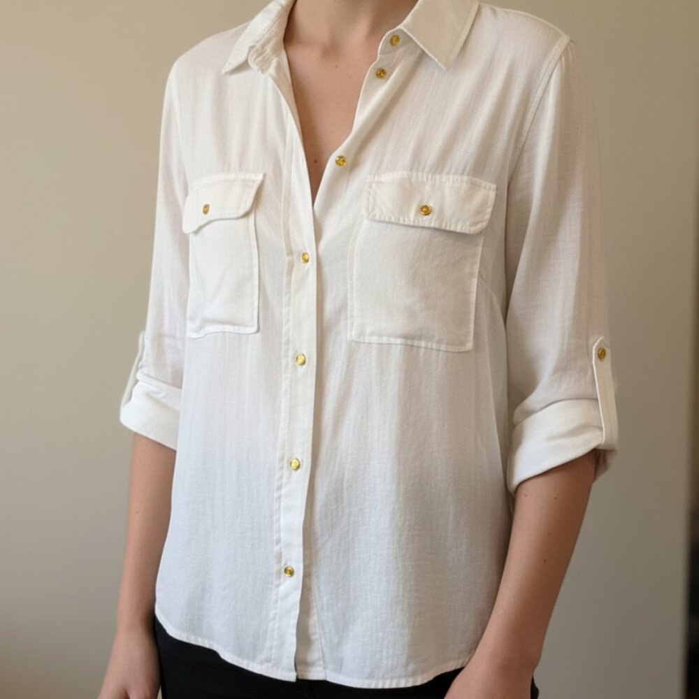Zara White Long Sleeve Collared Utility Shirt Gold Hardware | Size S